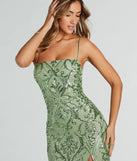 The Jillian Formal Sequin Slit Bodycon Long Dress in luxe sage green fabric, a stunning prom dress with statement details designed to make a bold impression at Prom 2025.