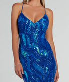 Make a bold statement in the Acacia Iridescent Sequin Lace-Up Formal Dress in royal blue, the perfect spring dress for weddings, cocktail hours, nights out, and/or seasonal celebrations.