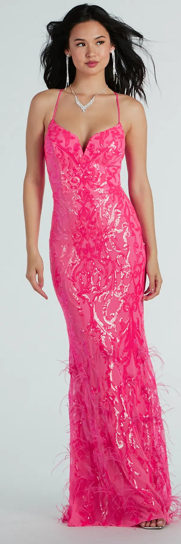 You'll feel stylish and confident in the Nina Lace-Up Feather Mermaid Sequin Formal Dress as your Winter Formal Dress to stand out at your dance or event.