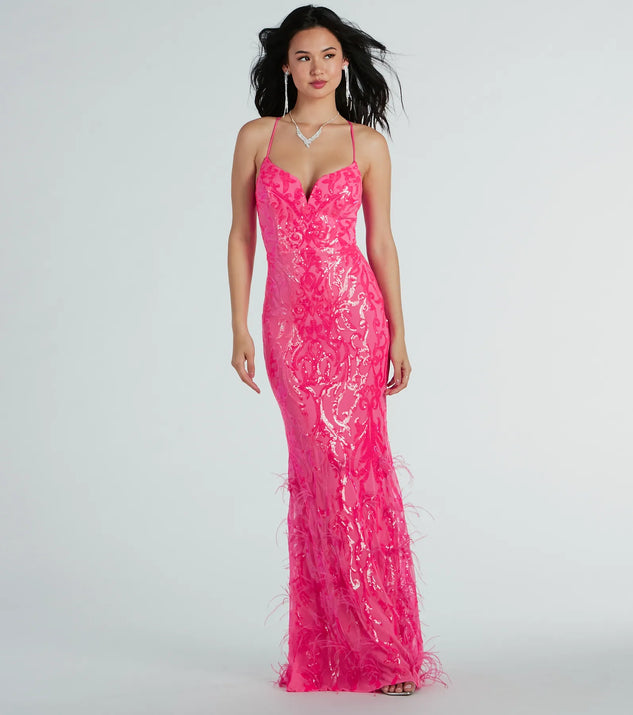 You'll feel stylish and confident in the Nina Lace-Up Feather Mermaid Sequin Formal Dress as your Winter Formal Dress to stand out at your dance or event.