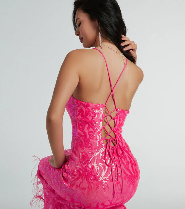 Nina Lace Up Feather Mermaid Sequin Formal Dress Windsor