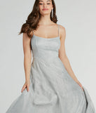 Dazzle at your next event with the glitzy Kira Lace-Up Glitter Tulle A-Line Formal Dress, a stunning silver glitter dress featuring sparkling details ideal for holiday parties or formal gatherings from galas to Winter Formal dances.