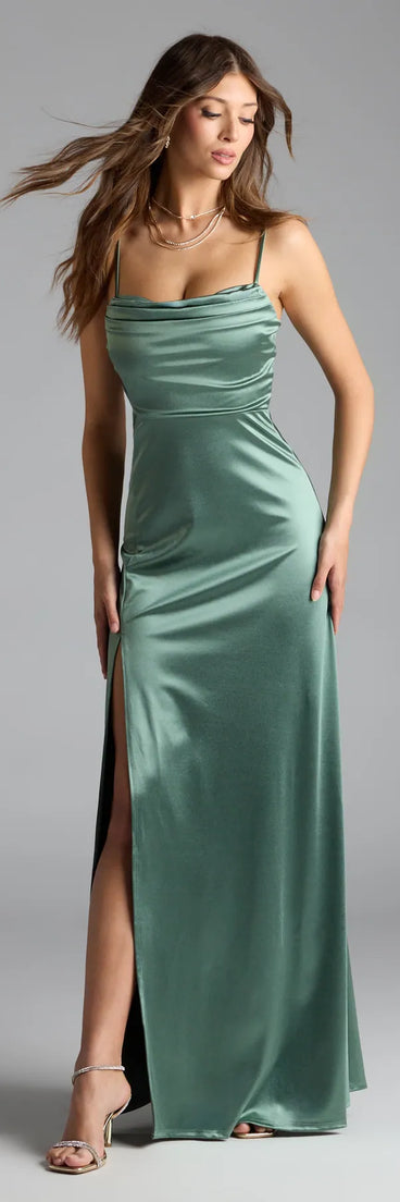 Feel instantly put-together in the Marissa Formal Satin Cowl Neck Dress in sage green, a fall wedding guest dress designed for confident style and all-out celebration.