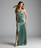 Feel instantly put-together in the Marissa Formal Satin Cowl Neck Dress in sage green, a summer wedding guest dress designed for confident style and all-out celebration.