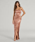 Turn heads at Prom 2025 in this rose gold prom dress, where statement-making details meet the iconic style of the Mayra Formal Satin Slit Long Dress .