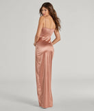 Step into Prom 2025 in a rose gold prom dress, where unique Windsor accents and the standout Mayra Formal Satin Slit Long Dress style come together.