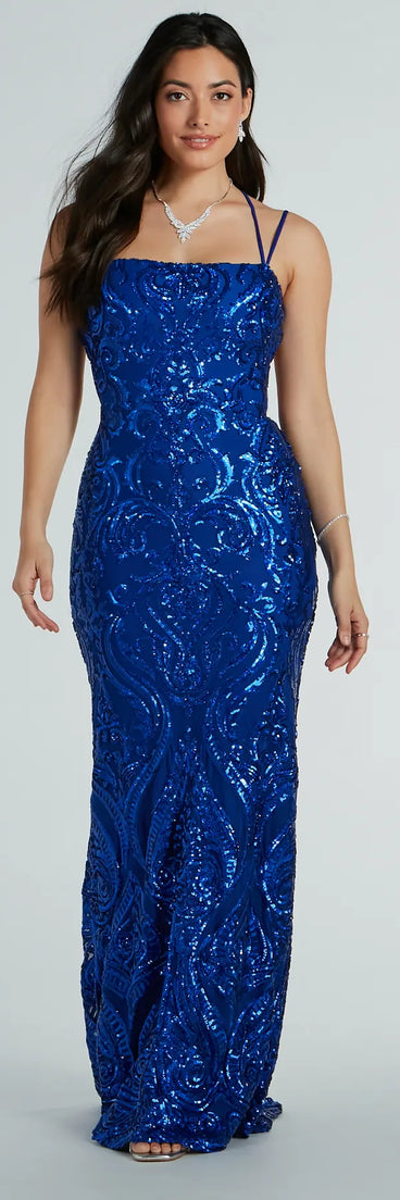 Delaney Lace-Up Mermaid Sequin Formal Dress