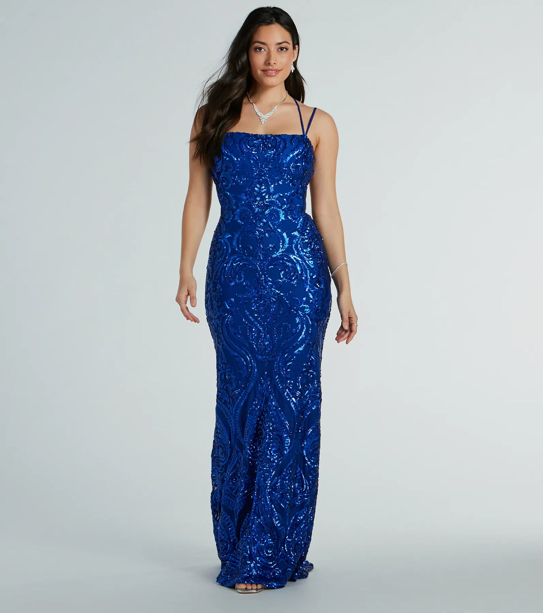 Orange Sequin Lace-Up Mermaid Long Formal Dress with Slit