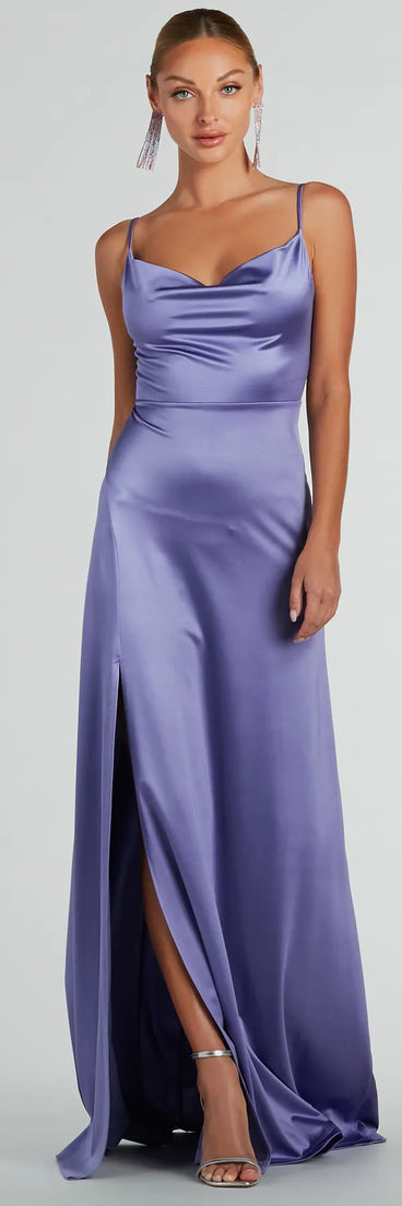 You'll look stunning in the Ellie Cowl Neck A-Line Long Satin Formal Dress, a lavender formal dress designed to create an effortless yet standout look as women's formal holiday attire, work party outfit, or NYE dress.