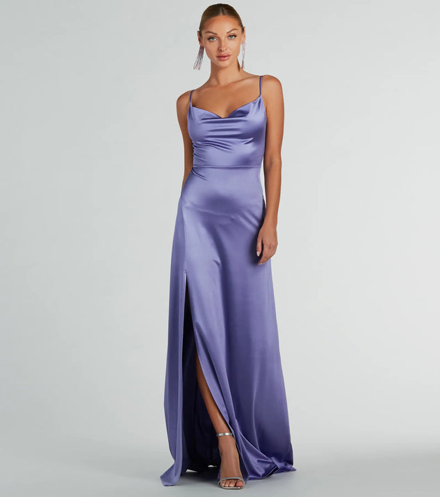 You'll look stunning in the Ellie Cowl Neck A-Line Long Satin Formal Dress, a lavender formal dress designed to create an effortless yet standout look as women's formal holiday attire, work party outfit, or NYE dress.