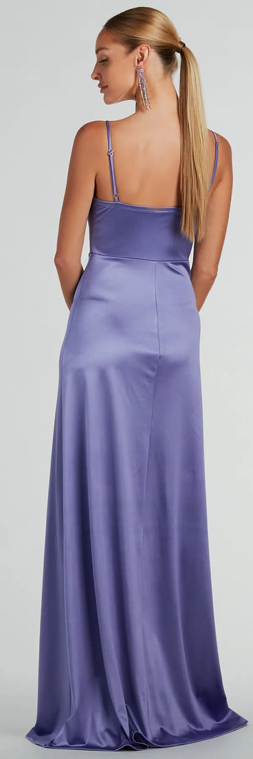 You'll look stunning in the Ellie Cowl Neck A-Line Long Satin Formal Dress, a lavender formal dress designed to create an effortless yet standout look as women's formal holiday attire, work party outfit, or NYE dress.