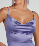 The Ellie Cowl Neck A-Line Long Satin Formal Dress is a lavender dress, an essential holiday or NYE dress that pairs chic style with versatility making it perfect for cocktail events, New Year's Eve parties, or as a winter wedding guest look.