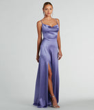 You'll look stunning in the Ellie Cowl Neck A-Line Long Satin Formal Dress, a lavender formal dress designed to create an effortless yet standout look as women's formal holiday attire, work party outfit, or NYE dress.