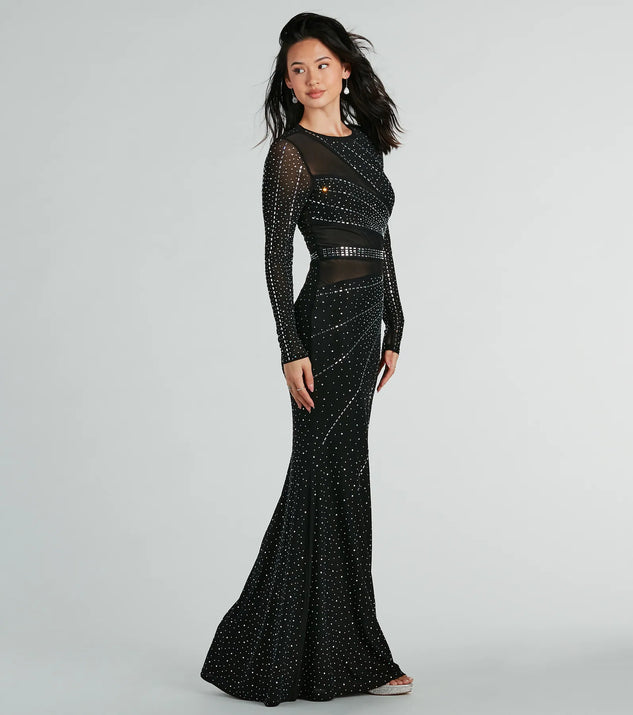 knee length dresses for ladies Sofia Long Sleeve Rhinestone Mesh Mermaid Dress