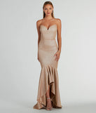 The Kimora Strapless High Low Mermaid Formal Dress is a shimmery gold glitter dress that catches the light beautifully, perfect for any special outfit like Winter Formal attire, clubwear, or a wedding guest dress.