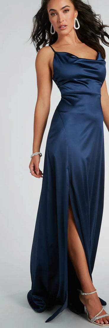 The Ellie Cowl Neck A-Line Long Satin Formal Dress is an elegant navy blue formal dress in a rich seasonal color and with unique design accents that make dressing up for winter parties, holiday balls, or festive gatherings effortless!