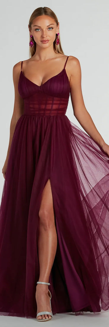 You'll feel stylish and confident in the Paulette Sleeveless A-Line Mesh Formal Dress as your Winter Formal Dress to stand out at your dance or event.