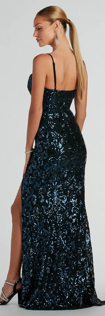 Stand out in a crowd with the Tori Cowl Neck Mermaid Sequin Mesh Formal Dress, a glamorous navy sequin dress that sparkles effortlessly as an NYE party gown, wedding guest dress, or must-have evening wear for formal events like military balls and winter formals.