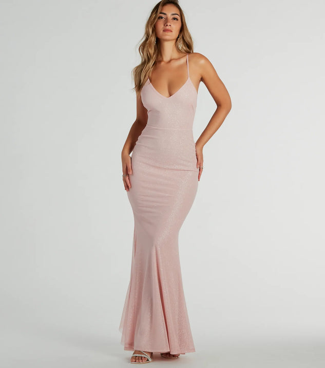 slim fit dress slacks Linda Formal Glitter Ruffled Dress