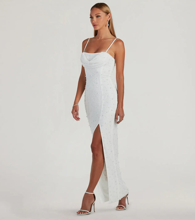Klara Cowl Neck Faux Pearl Bead Column Dress | Windsor
