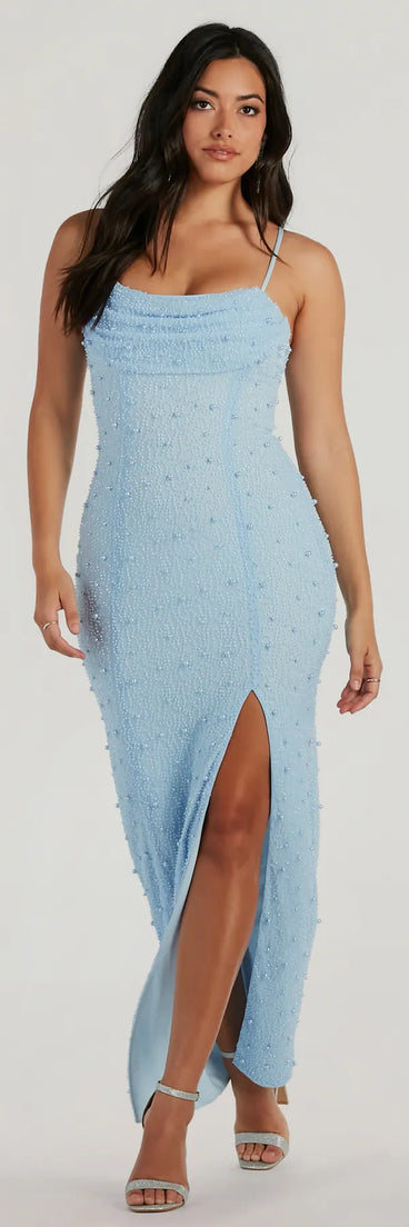 Feel polished and confident in the Klara Cowl Neck Faux Pearl Bead Column Dress, a light blue prom dress designed with luxe fabric and modern detail that shows off your vibe.