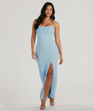 Turn heads at Prom 2025 in this light blue prom dress, where statement-making details meet the iconic style of the Klara Cowl Neck Faux Pearl Bead Slim Formal Dress .