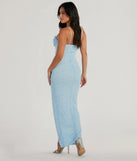 Step into the Prom 2025 dance in the Klara Cowl Neck Faux Pearl Bead Slim Formal Dress in light blue, a stunning blue prom dress designed to complement any theme with its timeless allure and statement-making style.