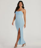 Revamp your 2025 wardrobe with this chic addition, the Klara Cowl Neck Faux Pearl Bead Slim Formal Dress in light blue, perfect for elevating your style in the new year.