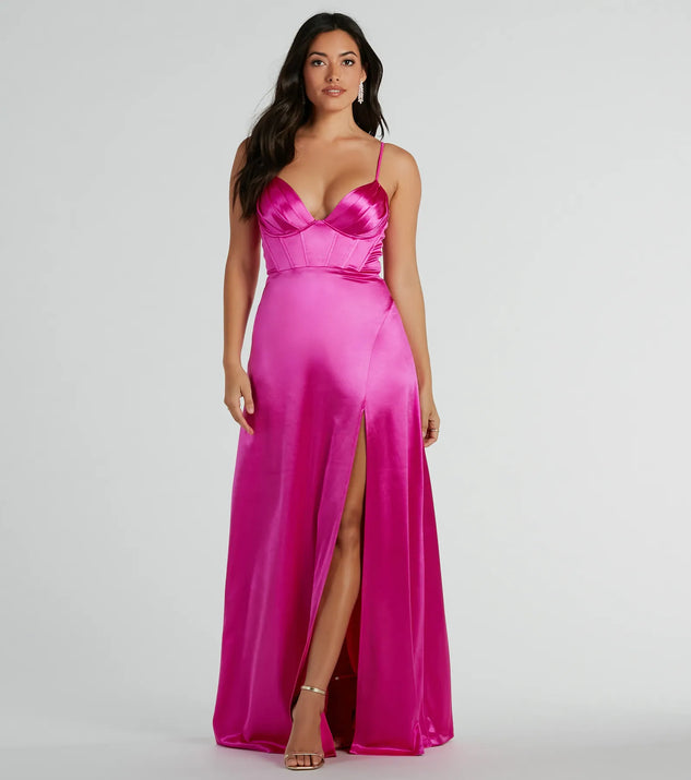 Haley Corset Slit A-Line Satin Formal Dress | Windsor Haley Corset Slit A-Line Satin Formal Dress | Windsor