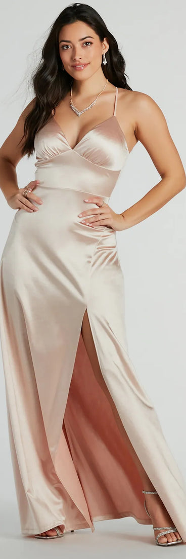 Revamp your 2025 wardrobe with this chic addition, the Laurel Lace-Up A-Line Slit Satin Formal Dress in gold, perfect for elevating your style in the new year.