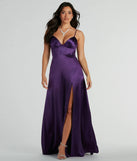 The Haley Corset Slit A-Line Satin Formal Dress is an elegant purple formal dress in a rich seasonal color and with unique design accents that make dressing up for winter parties, holiday balls, or festive gatherings effortless!