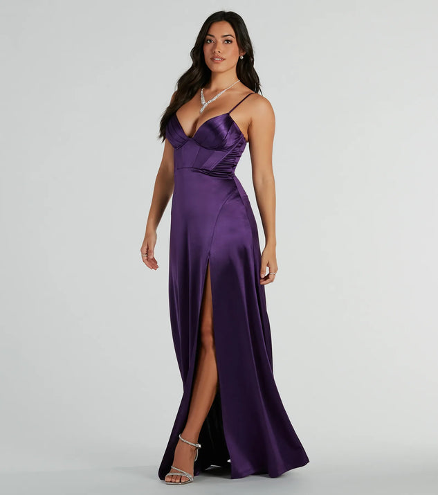 slim fit dress slacks Miss Circle Women Holly Black Crystallized Corset High Slit Satin Gown main image 1