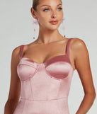 Dazzle at your next event with the glitzy Ria Bustier Mermaid Glitter Satin Formal Dress, a stunning blush glitter dress featuring sparkling details ideal for holiday parties or formal gatherings from galas to Winter Formal dances.