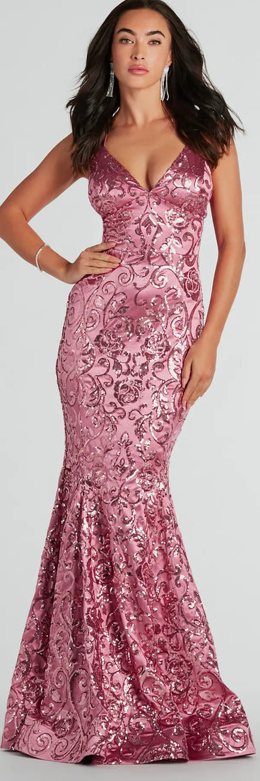 Turn heads at Prom 2025 in this mauve prom dress, where statement-making details meet the iconic style of the Saskia Lace-Up Mermaid Sequin Satin Formal Dress .