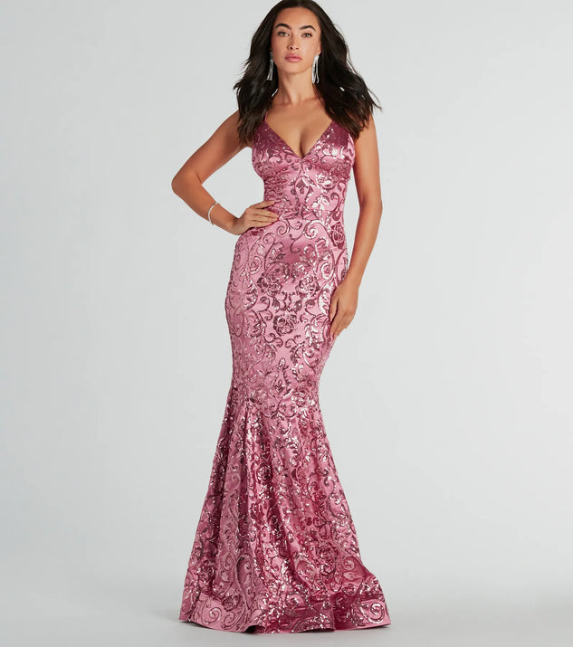 Turn heads at Prom 2025 in this mauve prom dress, where statement-making details meet the iconic style of the Saskia Lace-Up Mermaid Sequin Satin Formal Dress .