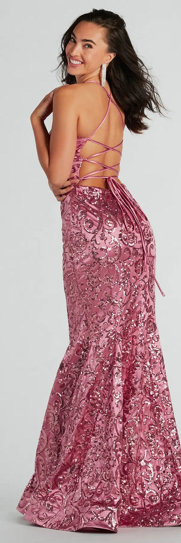 Revamp your 2025 wardrobe with this chic addition, the Saskia Lace-Up Mermaid Sequin Satin Formal Dress in mauve, perfect for elevating your style in the new year.