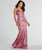 Make a bold statement in the Saskia Lace-Up Mermaid Sequin Satin Formal Dress in mauve, the perfect spring dress for weddings, cocktail hours, nights out, and/or seasonal celebrations.