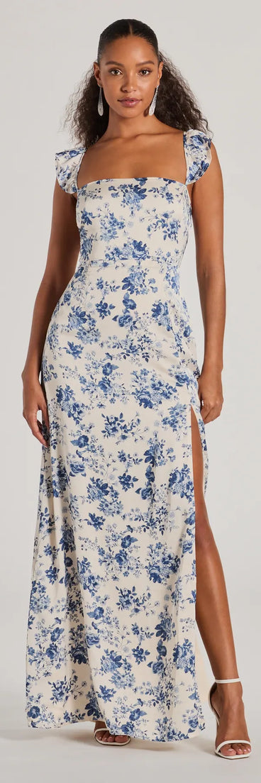 You'll look stunning in the Corrie Lace-Up Floral Satin A-Line Formal Dress, a light blue formal dress designed to create an effortless yet standout look as women's formal holiday attire, work party outfit, or NYE dress.