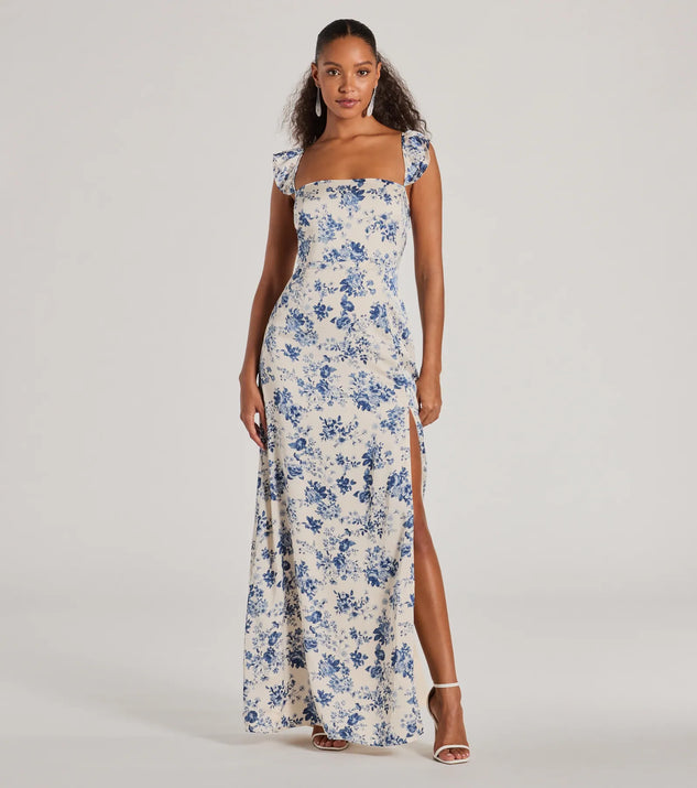 You'll look stunning in the Corrie Lace-Up Floral Satin A-Line Formal Dress, a light blue formal dress designed to create an effortless yet standout look as women's formal holiday attire, work party outfit, or NYE dress.