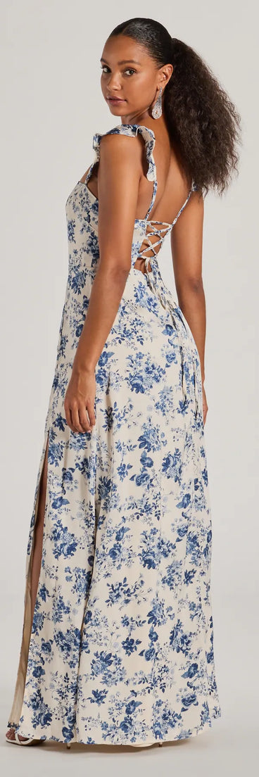 You'll look stunning in the Corrie Lace-Up Floral Satin A-Line Formal Dress, a light blue formal dress designed to create an effortless yet standout look as women's formal holiday attire, work party outfit, or NYE dress.