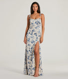 You'll look stunning in the Amalia High Slit Floral Satin Mermaid Dress, a light blue formal dress designed to create an effortless yet standout look as women's formal holiday attire, work party outfit, or NYE dress.