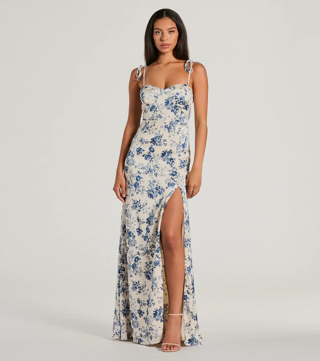 You'll look stunning in the Amalia High Slit Floral Satin Mermaid Dress, a light blue formal dress designed to create an effortless yet standout look as women's formal holiday attire, work party outfit, or NYE dress.