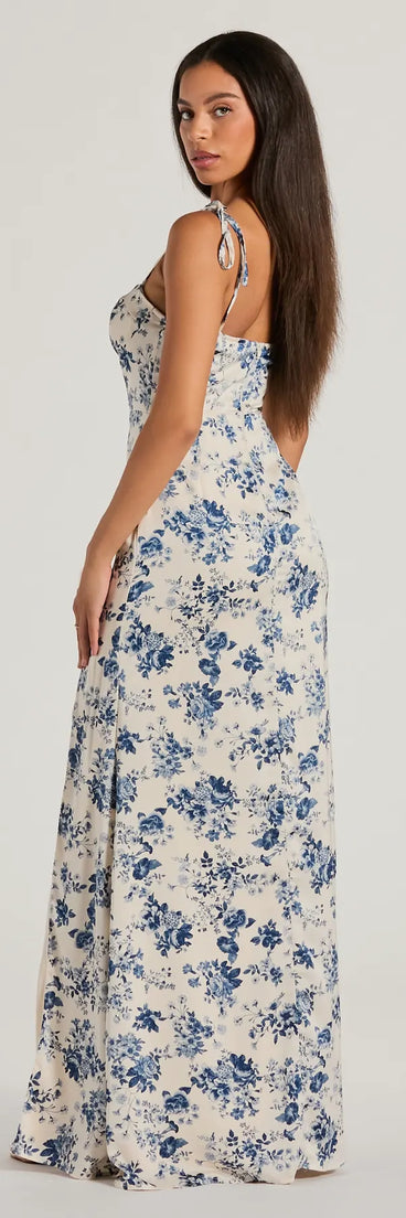 You'll look stunning in the Amalia High Slit Floral Satin Mermaid Dress, a light blue formal dress designed to create an effortless yet standout look as women's formal holiday attire, work party outfit, or NYE dress.