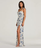 You'll look stunning in the Amalia High Slit Floral Satin Mermaid Dress, a light blue formal dress designed to create an effortless yet standout look as women's formal holiday attire, work party outfit, or NYE dress.