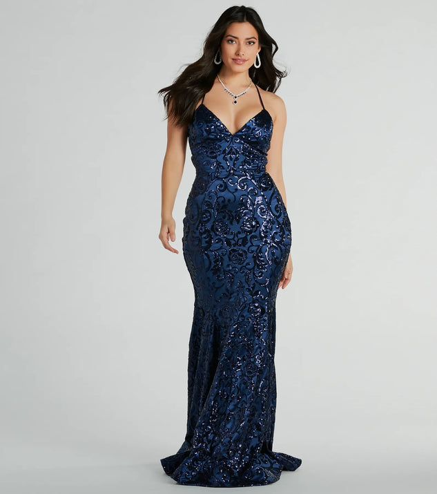 windsor mermaid dress Saskia Lace-Up Mermaid Sequin Satin Formal Dress