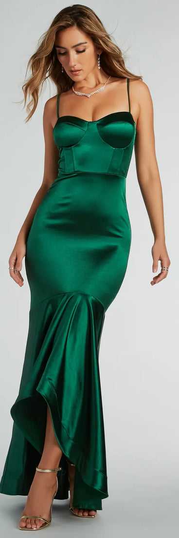 You'll be the best dressed in the Hayley Mermaid Trumpet Ruffle Satin Formal Dress as your winter formal dress with beautiful and unique details from Windsor.