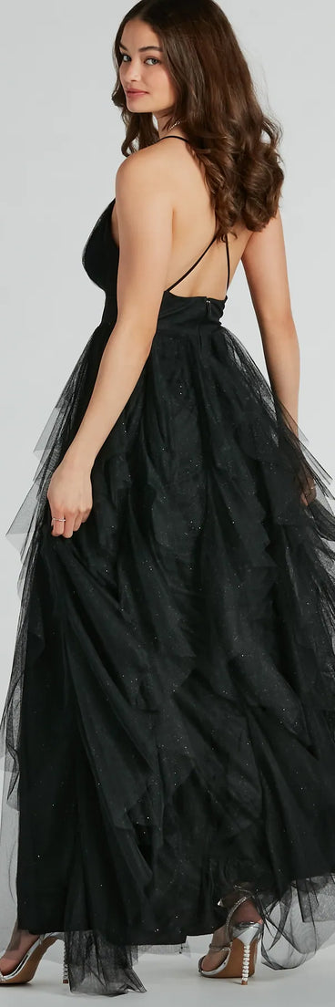 The Wynonna V-Neck A-Line Ruffle Glitter Formal Dress is an elegant black formal dress in a rich seasonal color and with unique design accents that make dressing up for winter parties, holiday balls, or festive gatherings effortless!