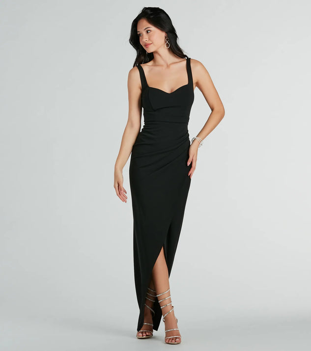 You'll feel stylish and confident in the Nanali Formal Crepe Sweetheart Wrap Long Dress as your Winter Formal Dress to stand out at your dance or event.
