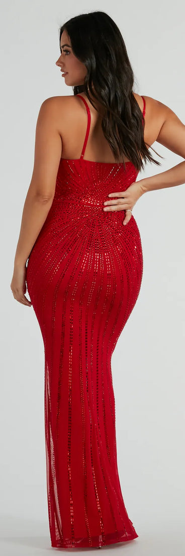 Cameron V-Neck Rhinestone Slim Formal Dress in red, a stylish red dress with a flattering fit and fabric that adds allure to your look, perfect for wedding guest attire, cocktail events, or making a bold statement on a date night.