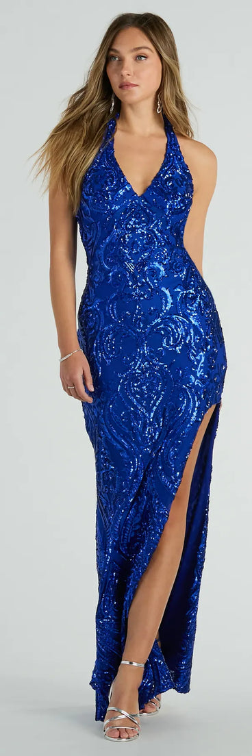 Turn heads in the beaming Analia Halter Slit Mermaid Sequin Formal Dress, a stunning sequin dress designed to add sparkle and elegance to your next night out or special occasion.